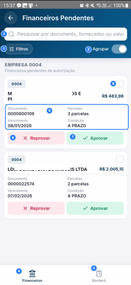 Tela do Autorizador Financeiro com todos os elementos descritos visíveis