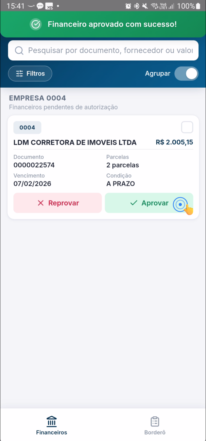 Mensagem de confirmação da aprovação financeira