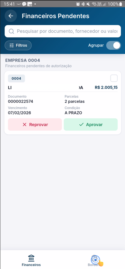 Tela de navegação com menu destacando a opção "Borderô"