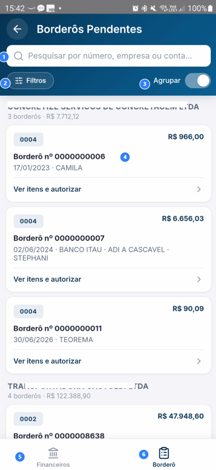Tela de Borderôs Pendentes com componentes de navegação visíveis