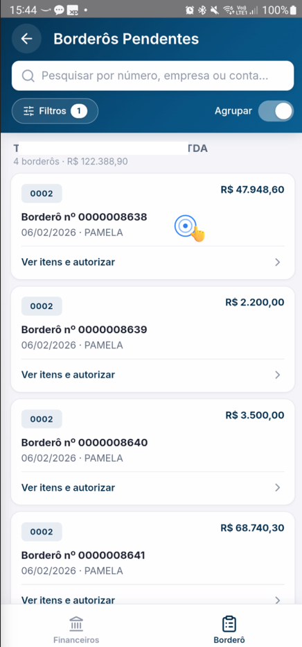 Borderô selecionado com informações gerais em destaque