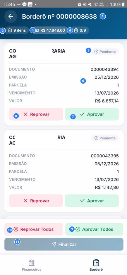 Tela completa do borderô com todos os elementos e itens listados