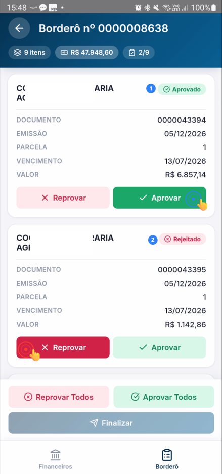 Borderô com itens sendo processados, mostrando status de cada um