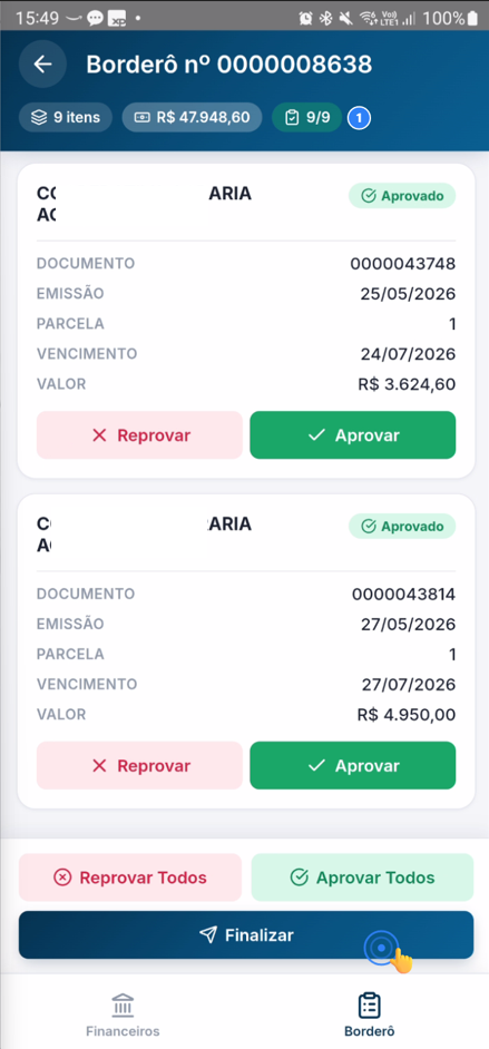 Tela com todos os itens processados e botão "Finalizar" habilitado