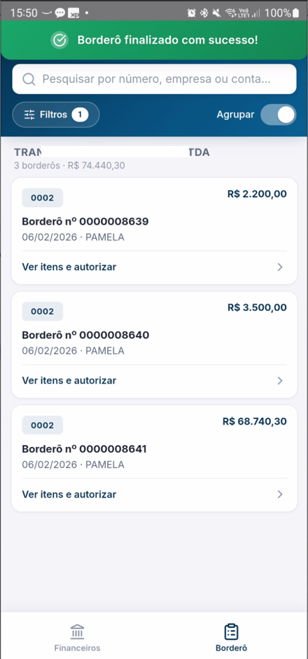 Mensagem de confirmação de finalização do borderô