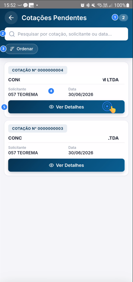 Listagem de cotações pendentes com opção de detalhes
