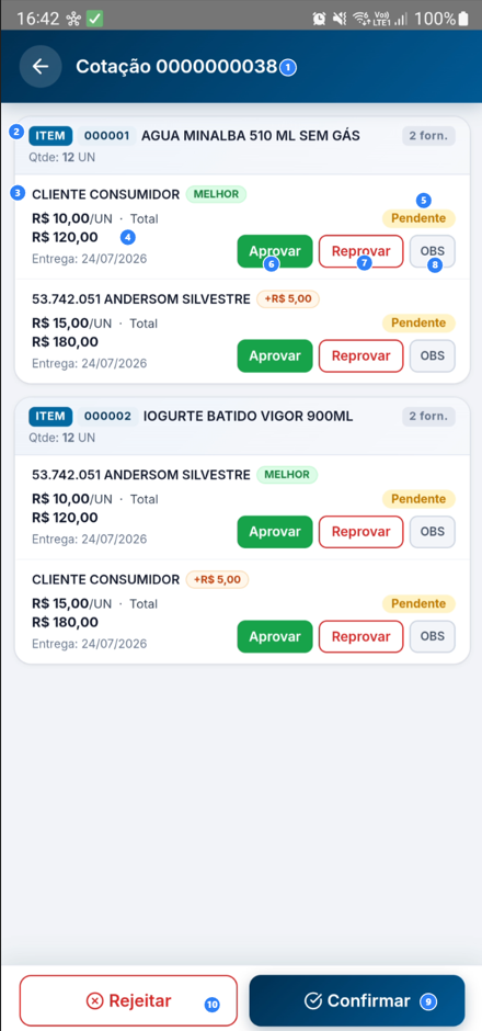 Tela de cotação com todos os campos e botões visíveis