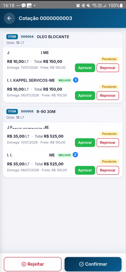 Tela mostrando a melhor opção destacada com botão "Confirmar"