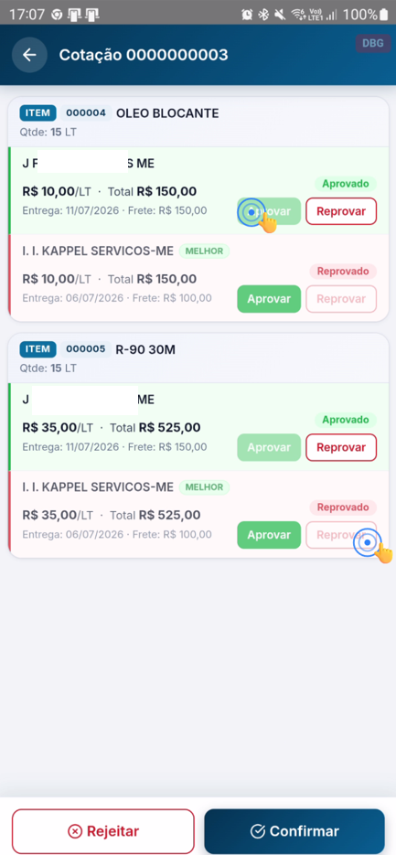 Tela com uma cotação marcada como aprovada
