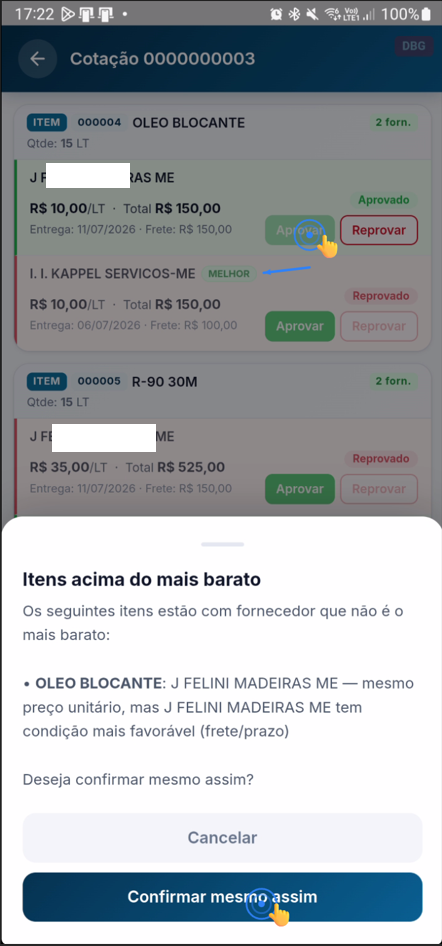 Mensagem de alerta informando sobre valor superior ao esperado
