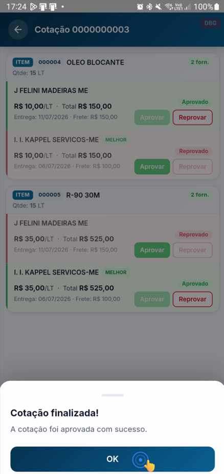 Tela final com botão "Finalizar" para conclusão da cotação