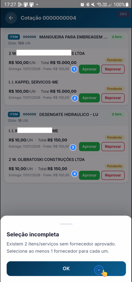 Mensagem de erro indicando seleção incompleta
