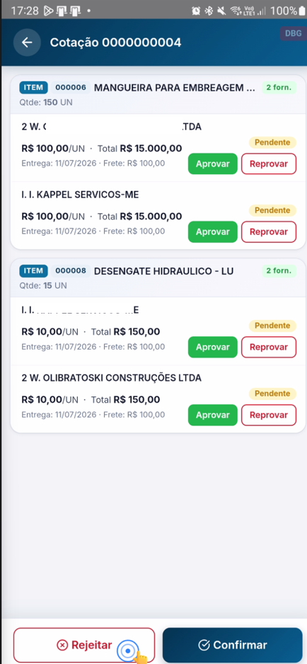 Botão "Rejeitar" destacado na tela de cotação