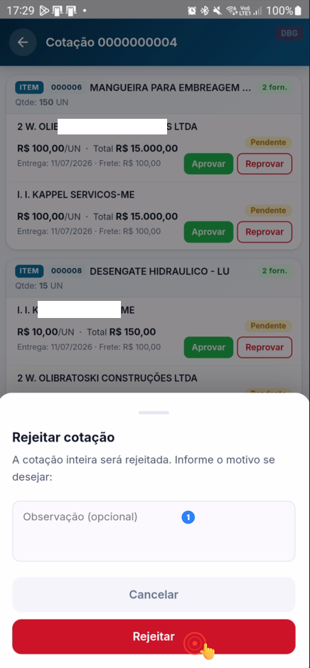Campo de observação preenchido com motivo de reprovação