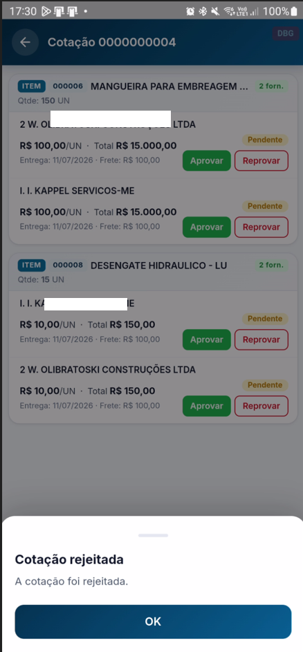 Mensagem de confirmação de rejeição
