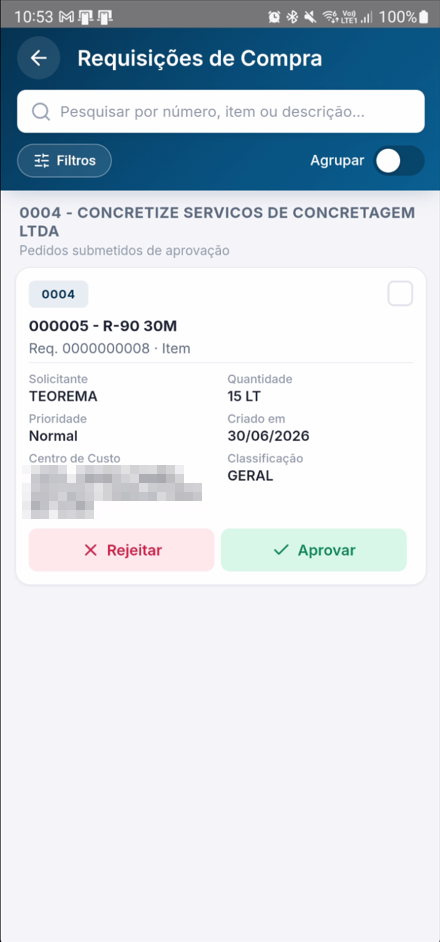 Listagem de requisições de compras com campos de número, item e descrição visíveis