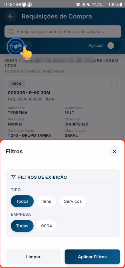 Painel de filtros com opções para empresa, item e outras características