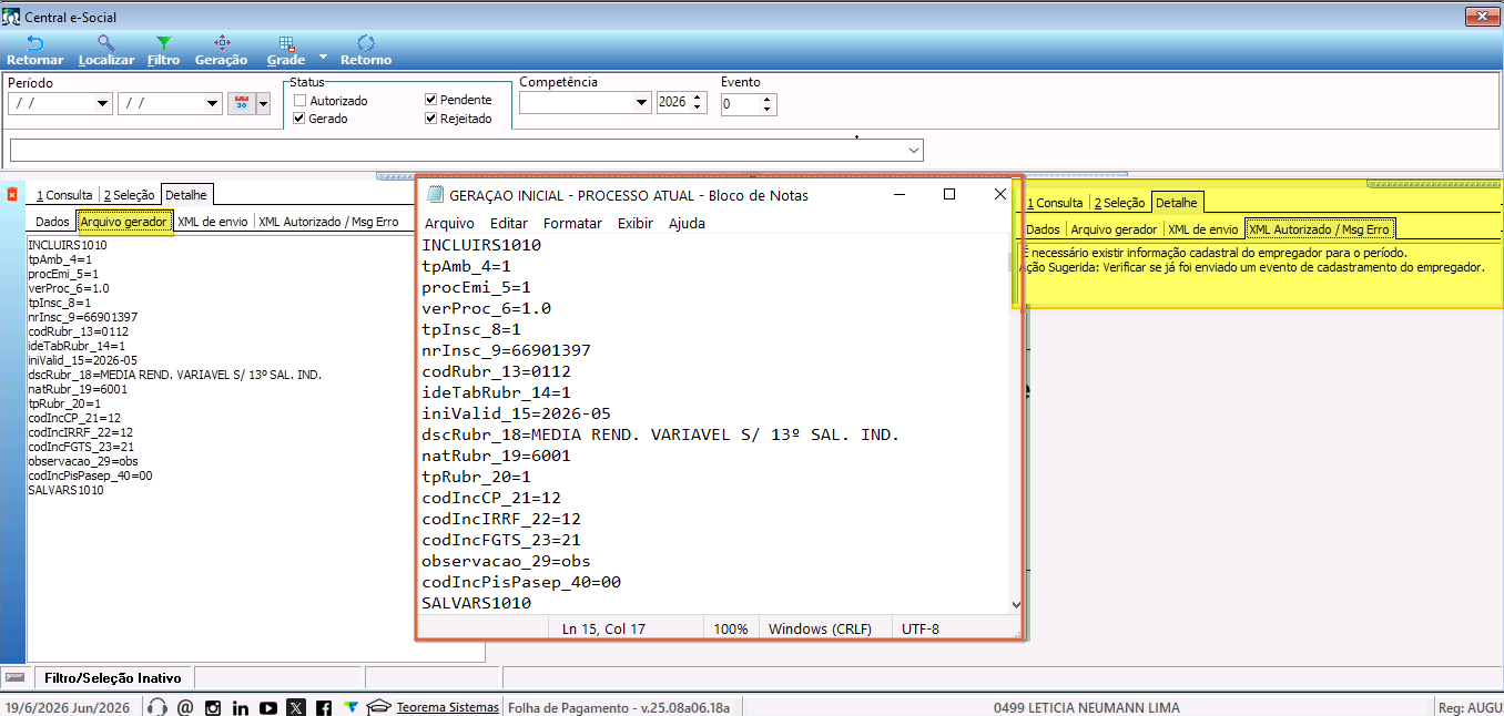 Análise do Arquivo Gerador na Central do eSocial: bloco de notas com estrutura de dados XML e mensagem de rejeição indicando a necessidade do Cadastro do Empregador