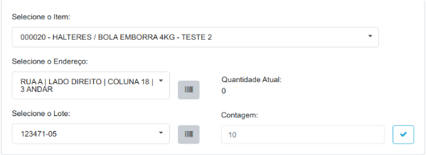 Formulário para seleção de item, endereço e lote com botões de leitura de código de barras