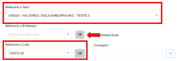 Formulário com item selecionado após leitura de código de barras