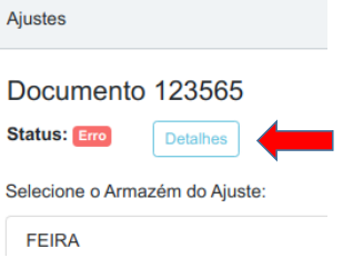 Detalhe do ajuste com status 'Erro' e botão 'Detalhes'
