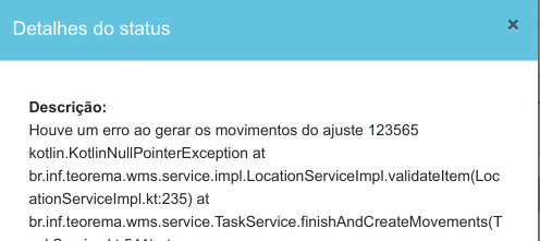 Modal 'Detalhes do status' mostrando mensagem de erro técnico