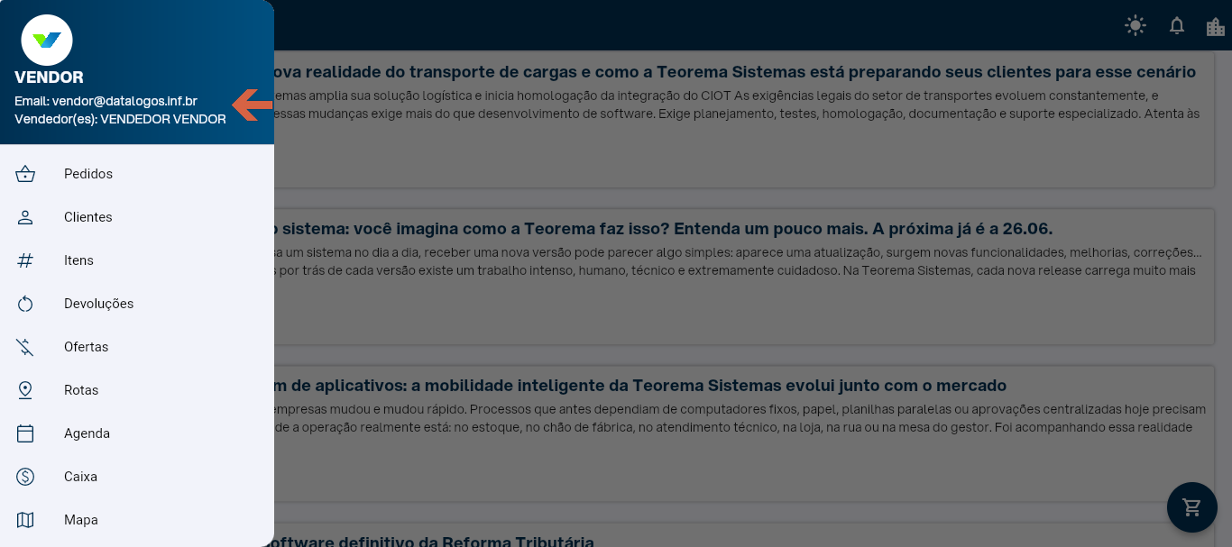 Painel lateral do aplicativo do Vendor exibindo o e-mail do usuário e o vendedor vinculado