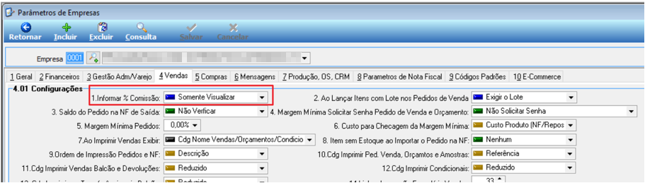 Tela Parâmetros de Empresas na aba 4 Vendas, seção 4.01 Configurações, com o campo 1. Informar % Comissão definido como Somente Visualizar