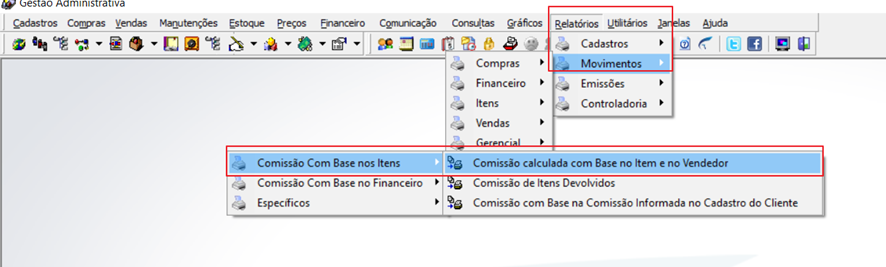 Menu do sistema com Relatórios > Movimentos expandido, submenu Comissão Com Base nos Itens com a opção Comissão calculada com Base no Item e no Vendedor em destaque