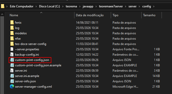 Explorador de arquivos mostrando a pasta config com o arquivo custom-print-config.json destacado, entre outros arquivos como backup-config.ini, server.ini e server-manager-config.xml