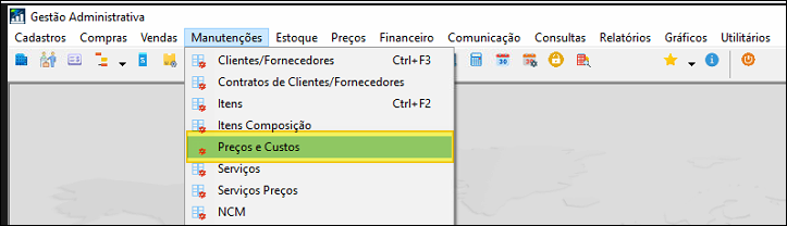 Menu superior do Gestão Administrativa com o submenu "Manutenções" aberto, destacando a opção "Preços e Custos".