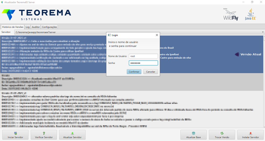 Diálogo Login com campos "Nome de Usuario" (preenchido com "root") e "Senha", com botões "Confirmar" e "Cancelar"