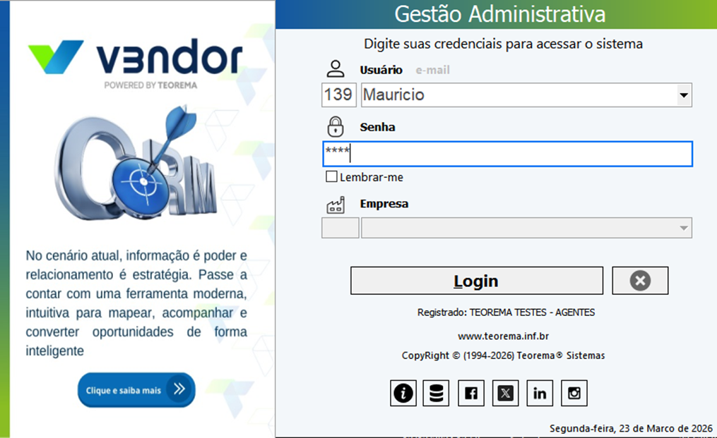 Tela de login Gestão Administrativa com campos Usuário, Senha, Empresa e botão "Login"