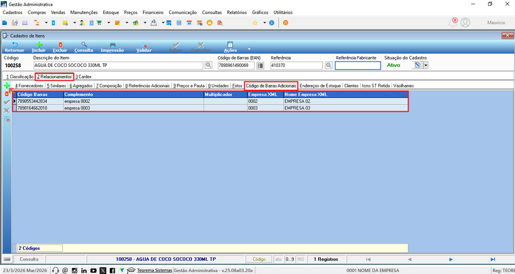 Cadastro de Itens, aba "2 Relacionamentos", subaba "Código de Barras Adicionais" com colunas Código Barras, Complemento, Multiplicador, Empresa XML e Nome Empresa XML; registros exibindo códigos vinculados às empresas 0002 e 0003