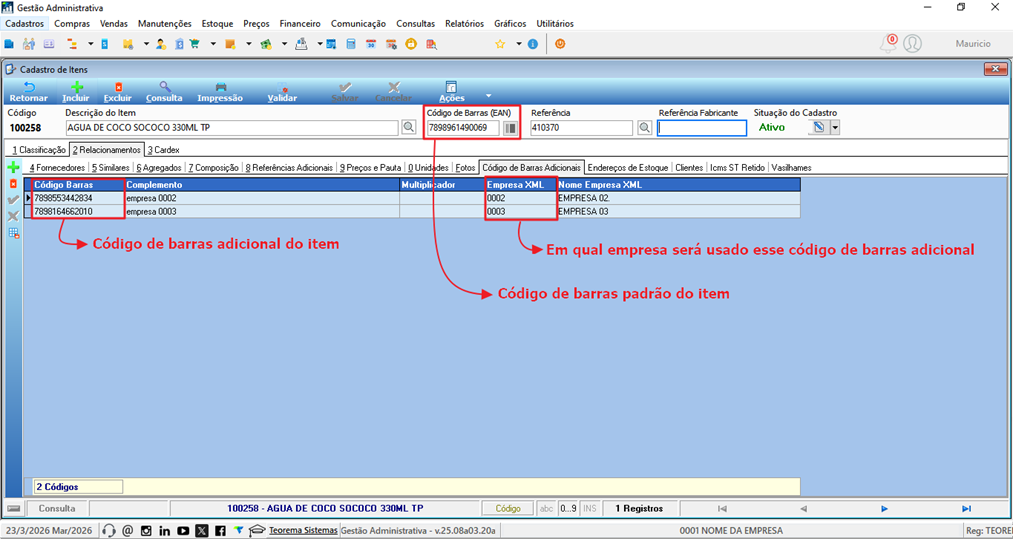 Cadastro de Itens com campo "Código de Barras (EAN)" na toolbar e subaba "Código de Barras Adicionais" aberta; campo EAN exibe o código padrão do item e a grade exibe os códigos adicionais com a coluna "Empresa XML" indicando a empresa vinculada