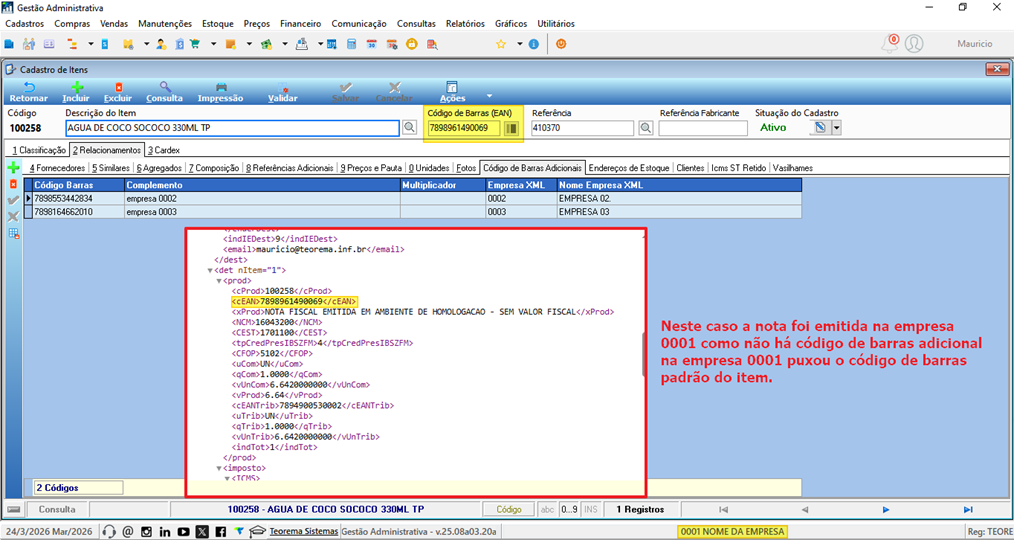 Cadastro de Itens com subaba "Código de Barras Adicionais" aberta e XML da NF-e exibido; a tag EAN no XML contém o código de barras padrão do item, pois a empresa 0001 não possui código adicional cadastrado