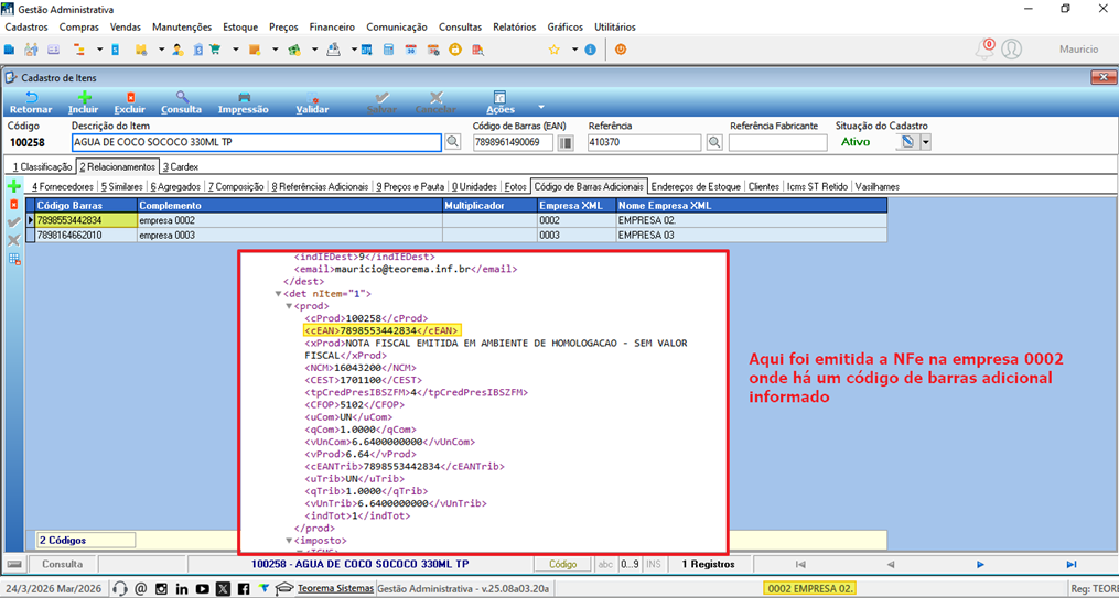 Cadastro de Itens com subaba "Código de Barras Adicionais" aberta e XML da NF-e da empresa 0002 exibido; a tag EAN no XML contém o código de barras adicional vinculado à empresa 0002