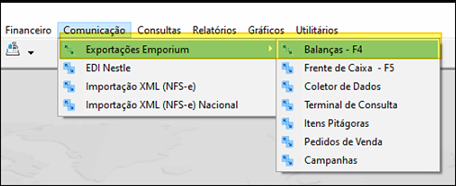 Menu Comunicação > Exportações Emporium expandido com o item "Balanças - F4" destacado; demais opções visíveis: Frente de Caixa, Coletor de Dados, Terminal de Consulta, Itens Pitágoras, Pedidos de Venda, Campanhas