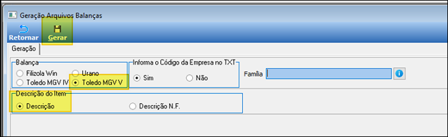 Tela "Geração Arquivos Balanças", aba Geração; painel Balança com opções Filizola Win, Urano, Toledo MGV IV e Toledo MGV V (Toledo MGV V selecionado); painel "Informa o Código da Empresa no TXT" com Sim selecionado; campo Família; painel "Descrição do Item" com "Descrição" selecionado; botão Gerar na barra de ferramentas