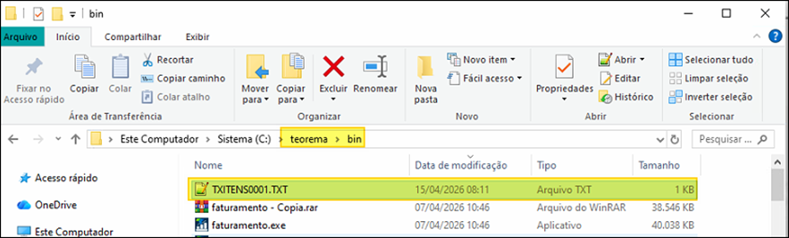 Windows Explorer exibindo a pasta C:\teorema\bin com o arquivo TXITENS0001.TXT listado (15/04/2026 08:11, Arquivo TXT, 1 KB)