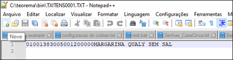 Notepad++ exibindo o arquivo C:\teorema\bin\TXITENS0001.TXT com o conteúdo: 01001383005001200000MARGARINA QUALY SEM SAL