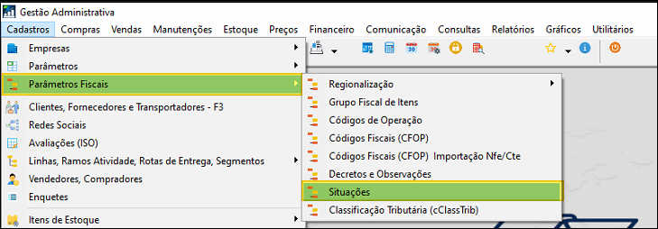Menu Gestão Administrativa com Cadastros expandido, submenu Parâmetros Fiscais expandido e opção Situações destacada