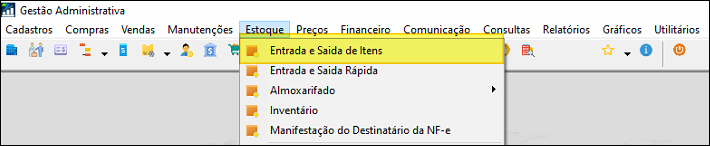 Menu Gestão Administrativa com Estoque expandido e opção Entrada e Saída de Itens destacada