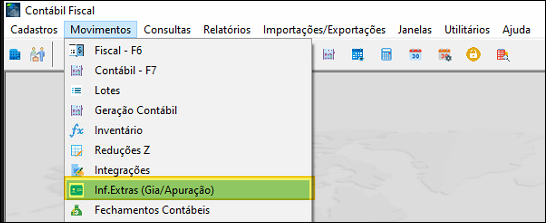 Menu Contábil Fiscal com Movimentos expandido e opção Inf.Extras (Gia/Apuração) destacada