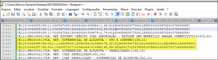 Arquivo TXT do SPED ICMS/IPI aberto no Notepad++, exibindo linhas dos registros E111 com código PR000081 e VLR. REF. DIFERENCIAL DE ALIQ ICMS - USO E CONSUMO (CEST SEM BENEFÍCIO COMPETITIVO), seguidas dos registros filhos E113 com dados de sequência, número de documento, modelo, série, subserie, data de emissão, valor, item e CFOP; ao final, registro E111 com código PR020021 e VLR. REF. CIAP IMOBILIZADO - DIFERENCIAL DE ALÍQUOTA