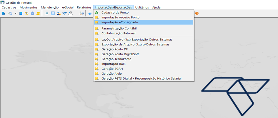 Menu Importações/Exportações do Gestão de Pessoal com a opção Importação eConsignado destacada