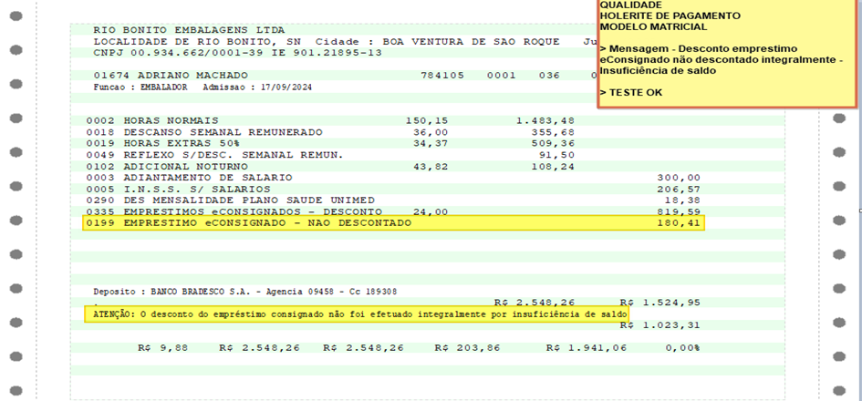 Holerite de pagamento do funcionário Adriano Machado exibindo evento 0335 EMPRESTIMOS eCONSIGNADOS - DESCONTO e evento 0199 EMPRESTIMO eCONSIGNADO - NÃO DESCONTADO, com mensagem de atenção sobre insuficiência de saldo