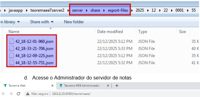 Windows Explorer exibindo o caminho javaapp > teoremaee7server2 > server > share > export-files, com quatro arquivos JSON de exportação listados (42_18-12-01-960.json, 42_18-33-21-706.json, 44_18-12-09-225.json, 44_18-32-55-751.json)