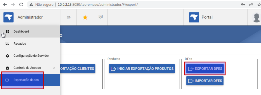 Administrador do Servidor de Notas com menu lateral mostrando as opções Dashboard, Recados, Configuração do Servidor, Controle de Acesso e Exportação dados (selecionado); no conteúdo central, seção DFes com os botões EXPORTAR DFES (destacado) e IMPORTAR DFES
