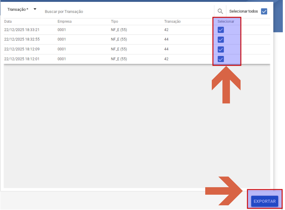 Modal Exportar DFes com todos os checkboxes marcados na coluna Selecionar e botão EXPORTAR destacado no rodapé